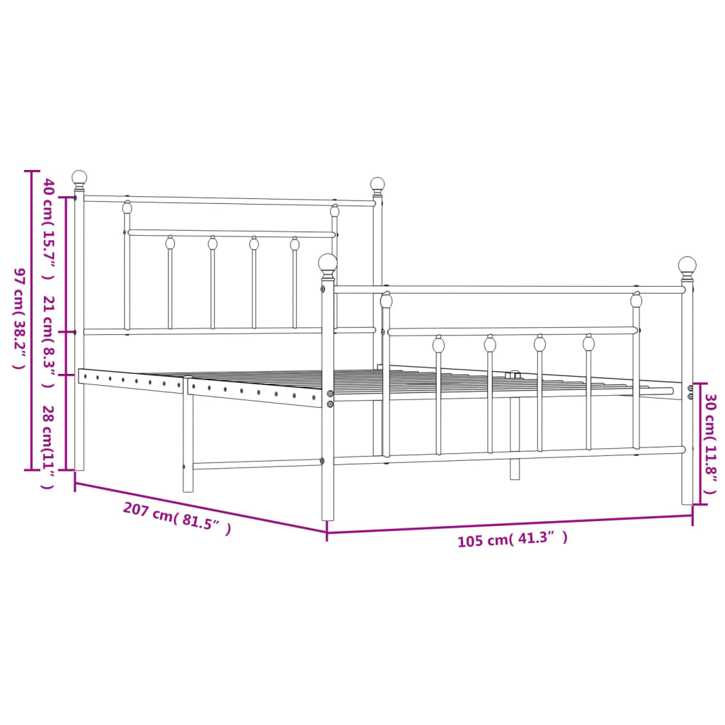 vidaXL Метална рамка за легло с горна и долна табла, бяла, 100x200 см