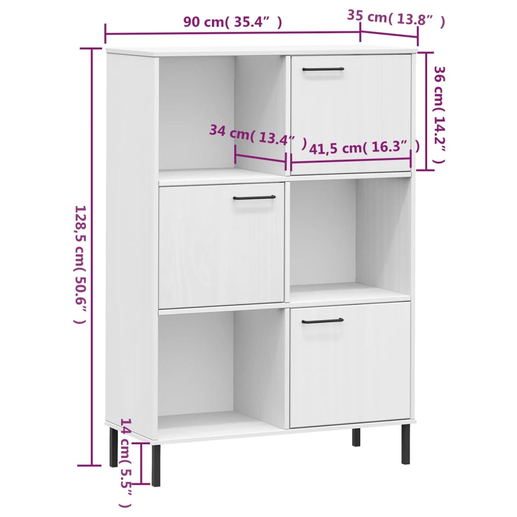 vidaXL Библиотека с метални крака бяла 90x35x128,5 см дърво масив OSLO