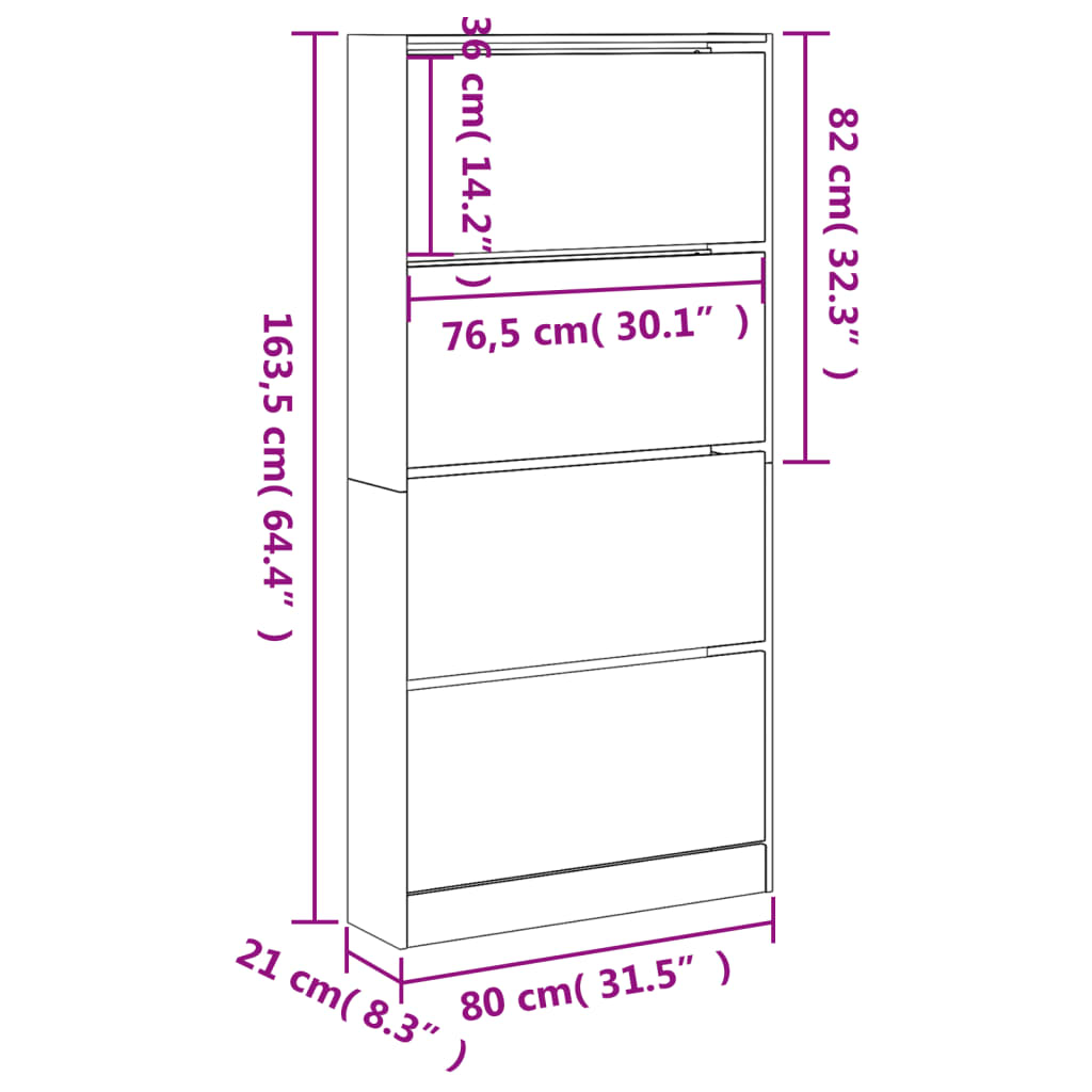 vidaXL Шкаф за обувки с 4 флип чекмеджета бял 80x21x163,5 см