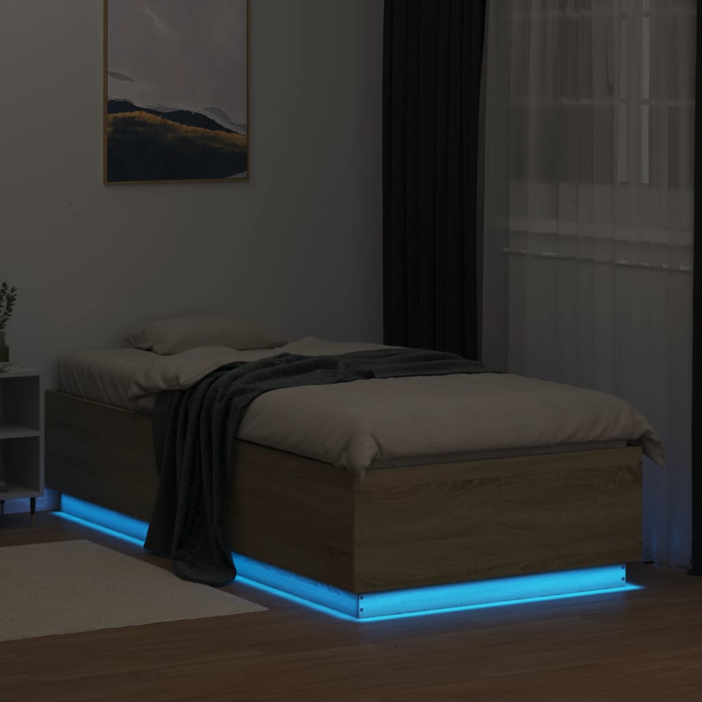 vidaXL Рамка за легло с LED осветление, дъб сонома, 90x200 см