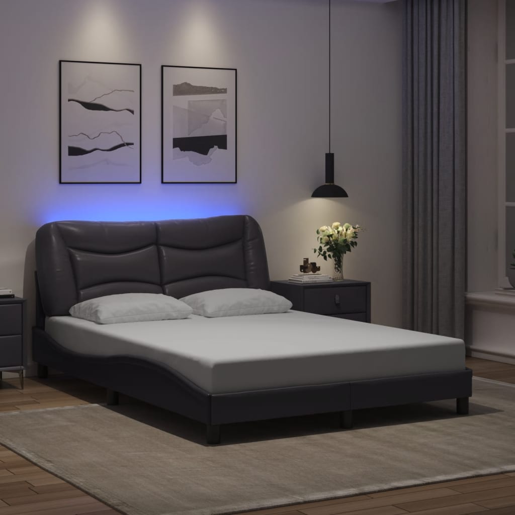 vidaXL Рамка за легло LED осветление сива 140x190 см изкуствена кожа