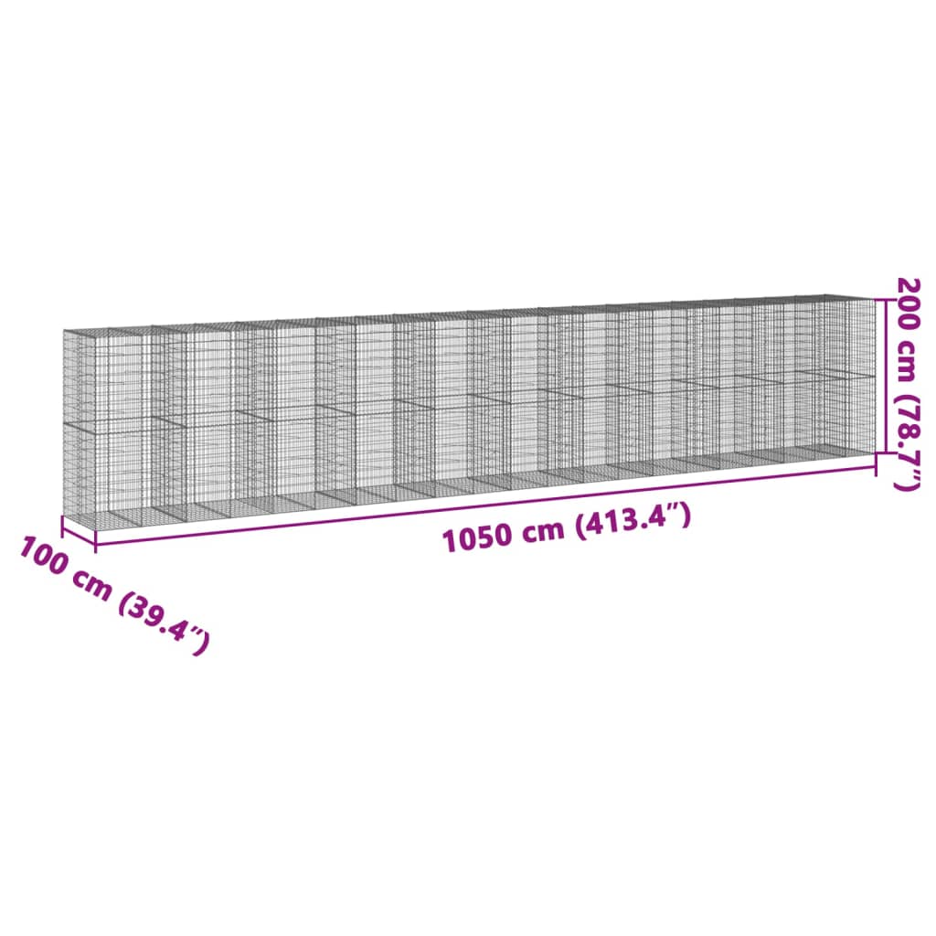 vidaXL Габионна кошница с капак, 1050x100x200 см, поцинковано желязо