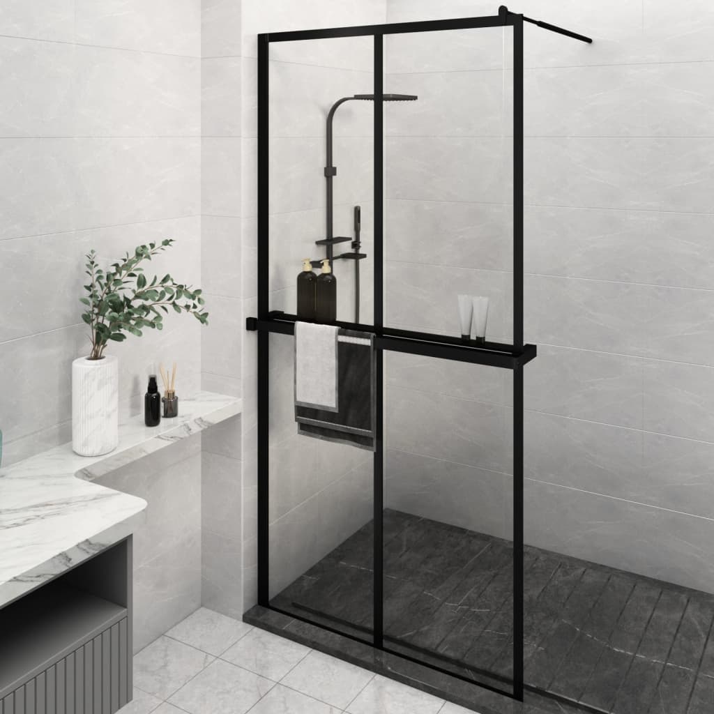 vidaXL Стена за душ кабина с рафт черна 118x190 см ESG стъкло/алуминий