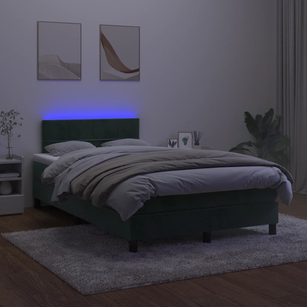 vidaXL Боксспринг легло с матрак и LED, тъмнозелено, 120x200см, кадифе