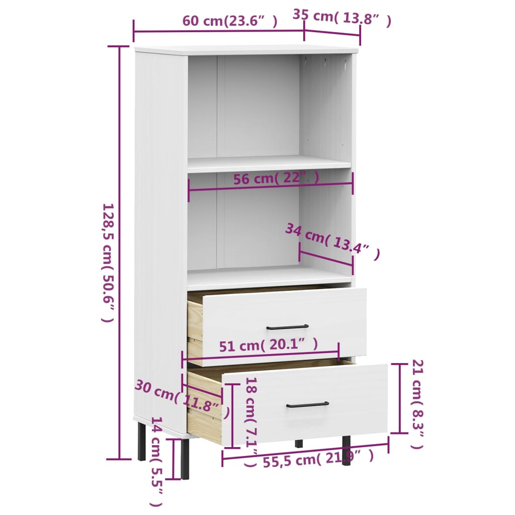 vidaXL Библиотека с 2 чекмеджета бяла 60x35x128,5 см дърво масив OSLO