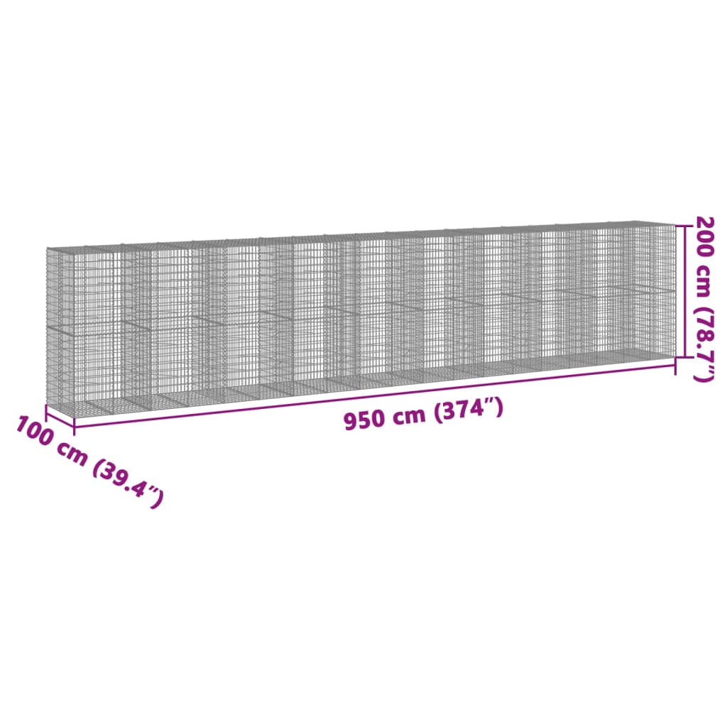 vidaXL Габионна кошница с покритие, 950x100x200 см, поцинковано желязо