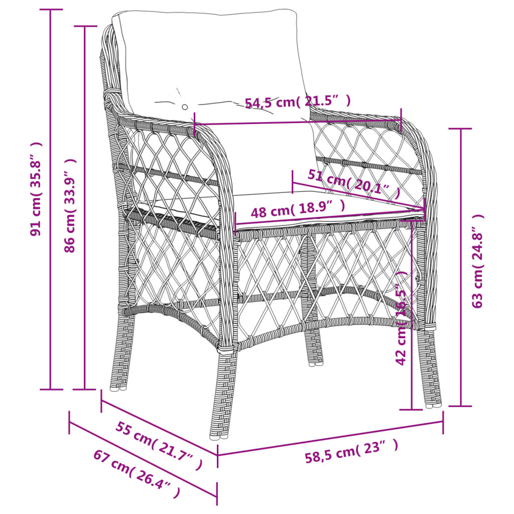 vidaXL Градински столове с възглавници, 2 бр, бежов микс полиратан