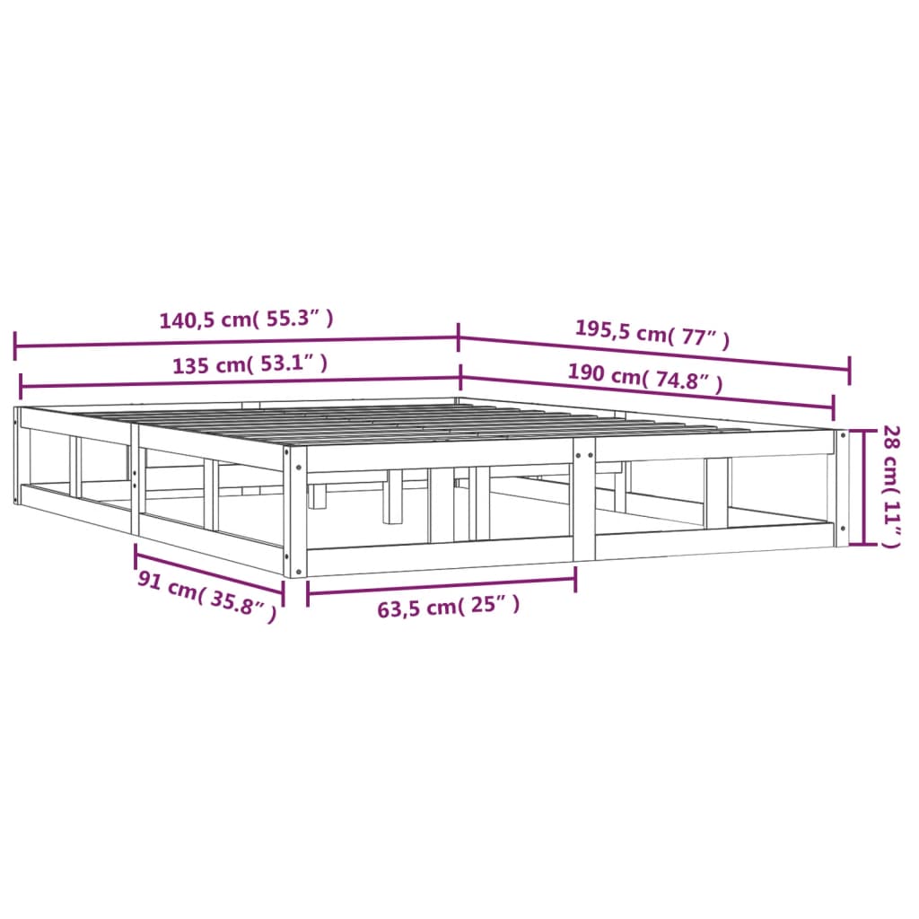 vidaXL рамка за легло черно 135x190 см 4FT6 Double масивно дърво