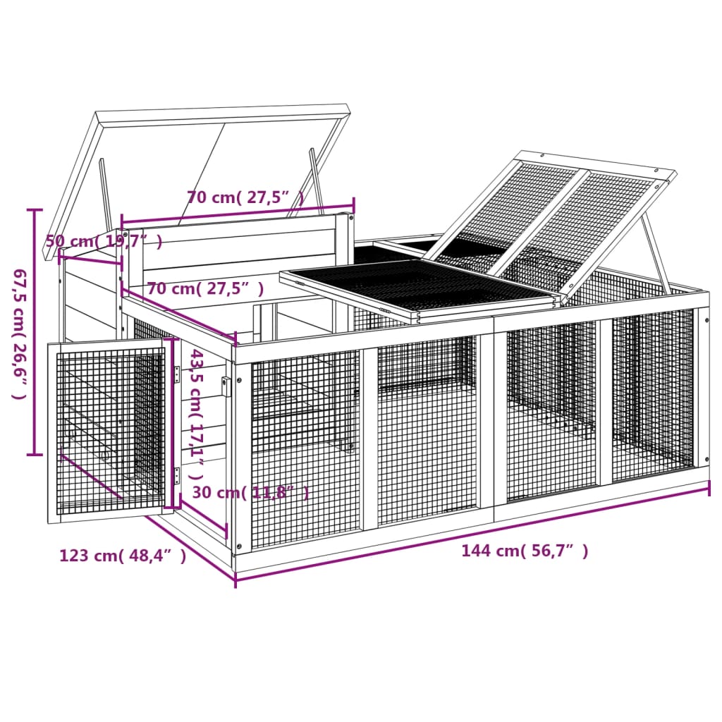 vidaXL Клетка за зайци мока 144x123x67,5 см борово дърво масив