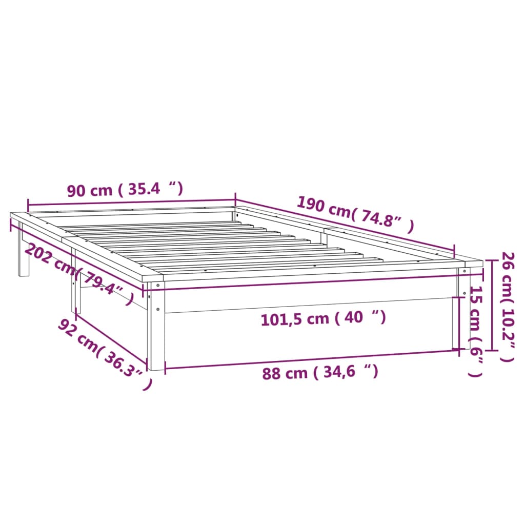 vidaXL LED легло меденокафяво 90x190 см Single масивна дървесина