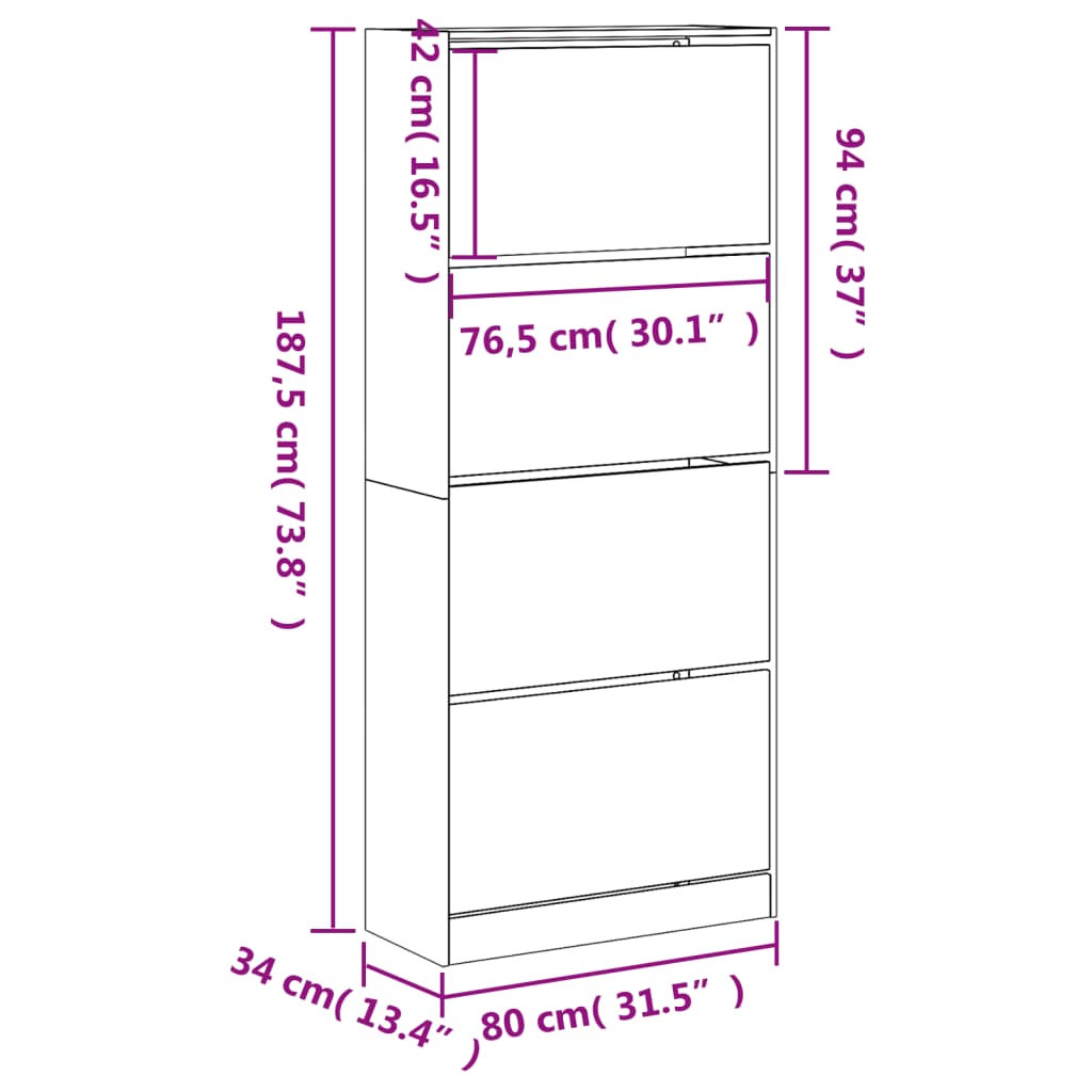 vidaXL Шкаф за обувки с 4 флип чекмеджета сонома дъб 80x34x187,5 см