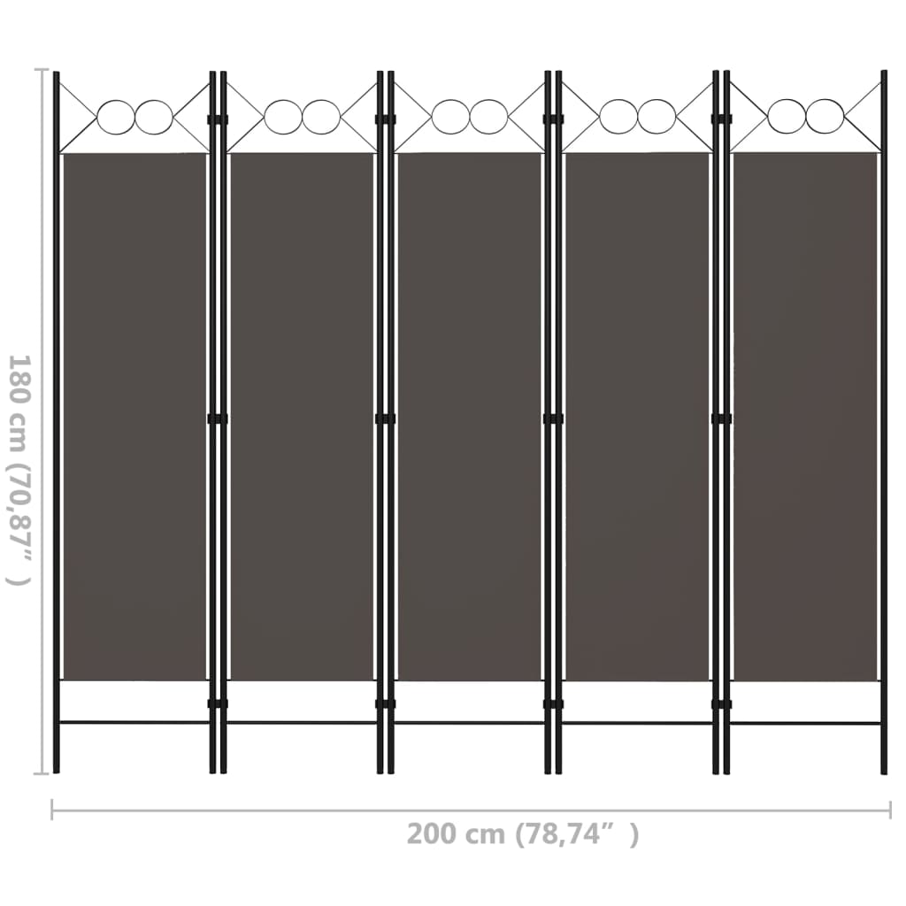 vidaXL Параван за стая, 5 панела, антрацит, 200x180 см