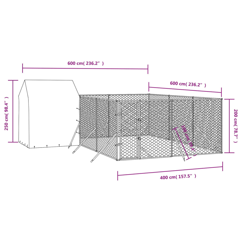 vidaXL Външна клетка за куче с покрив сребриста 6x6x2,5 м стомана