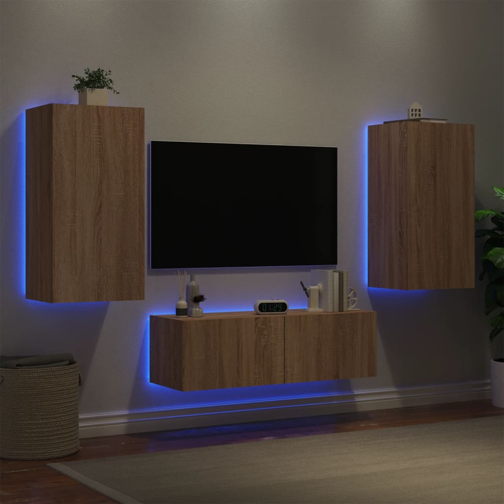 vidaXL ТВ стенни шкафове, 3 части, с LED светлини, сонома дъб