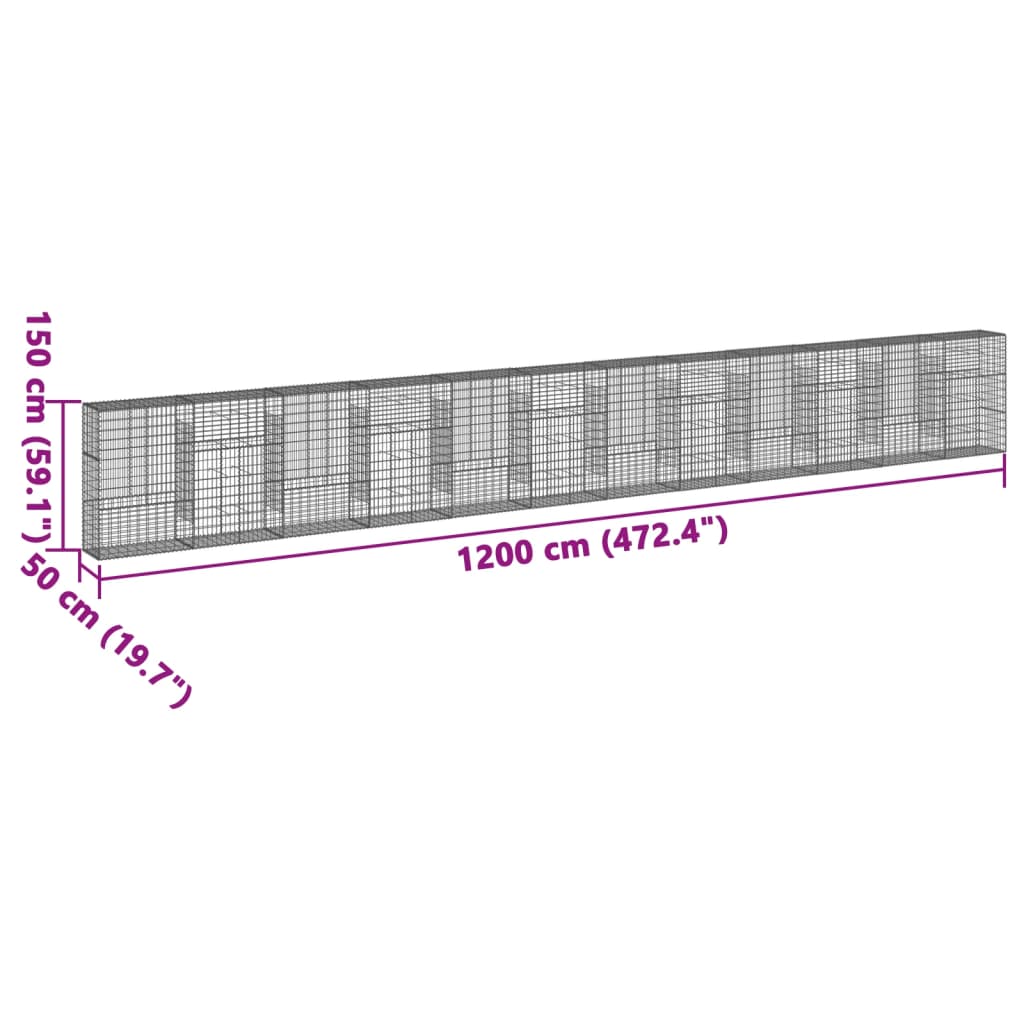 vidaXL Габионна кошница с покритие, 1200x50x150 см, поцинковано желязо