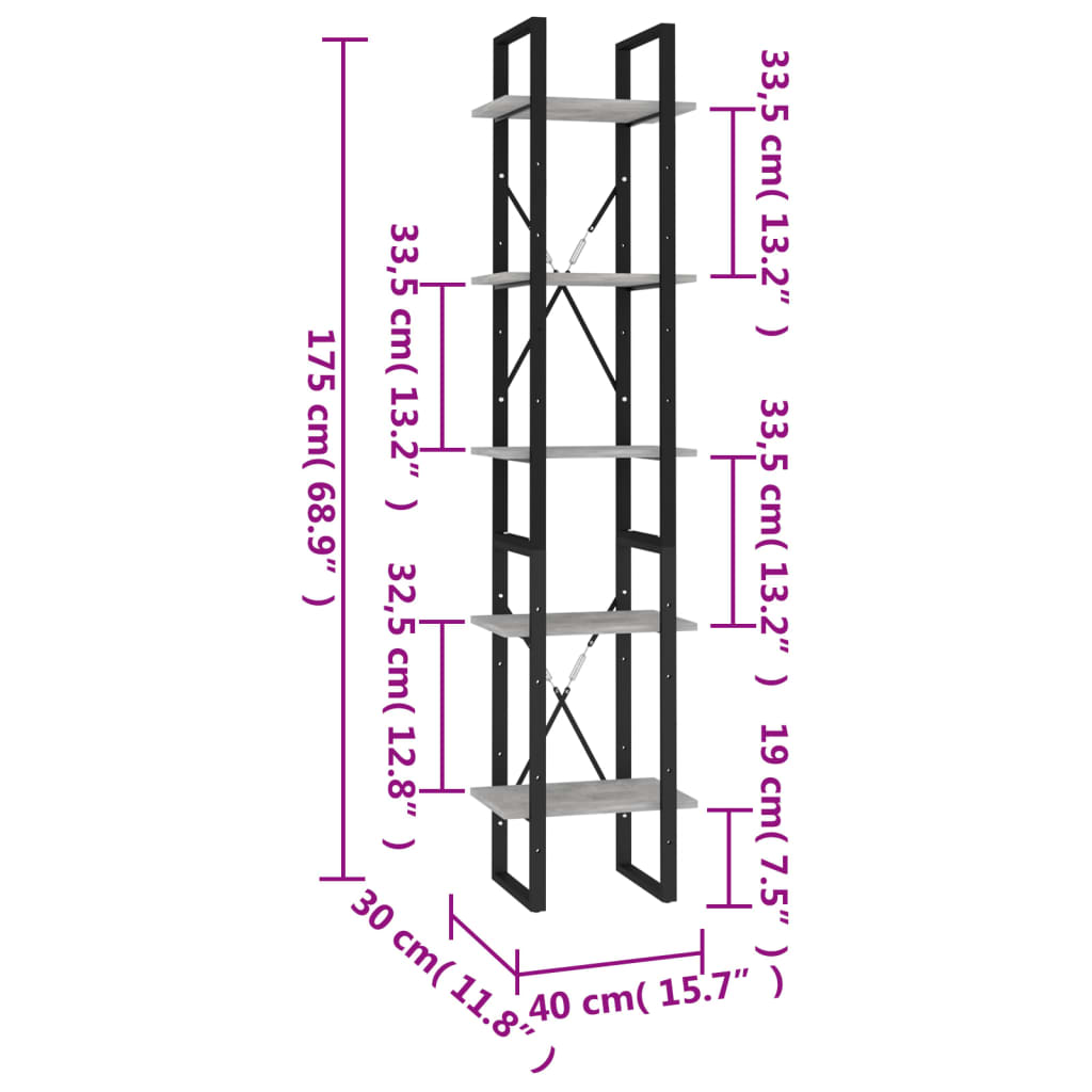 vidaXL 5-етажна библиотека бетонно сива 40x30x175 см инженерно дърво