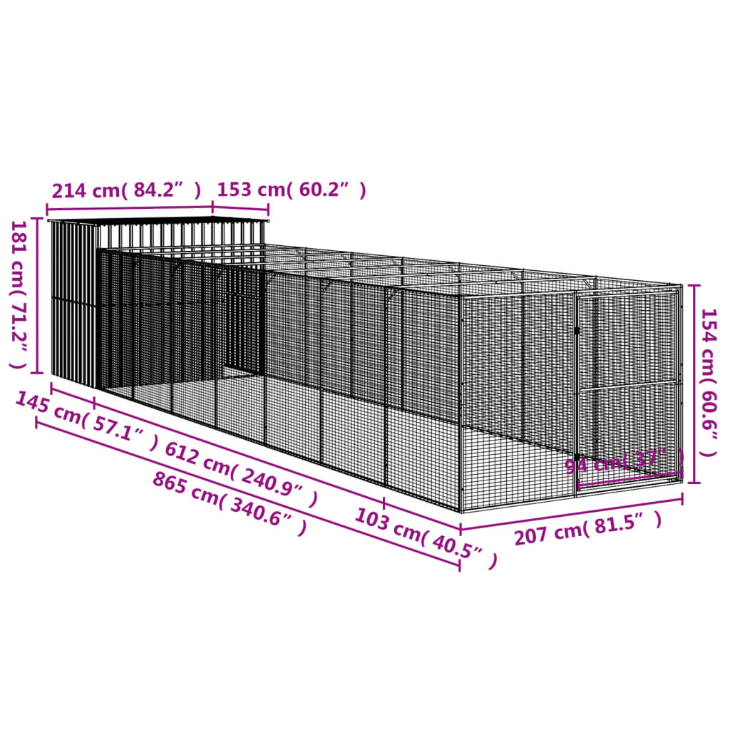 vidaXL Кучешка къща с волиера, антрацит, 214x865x181 см, стомана