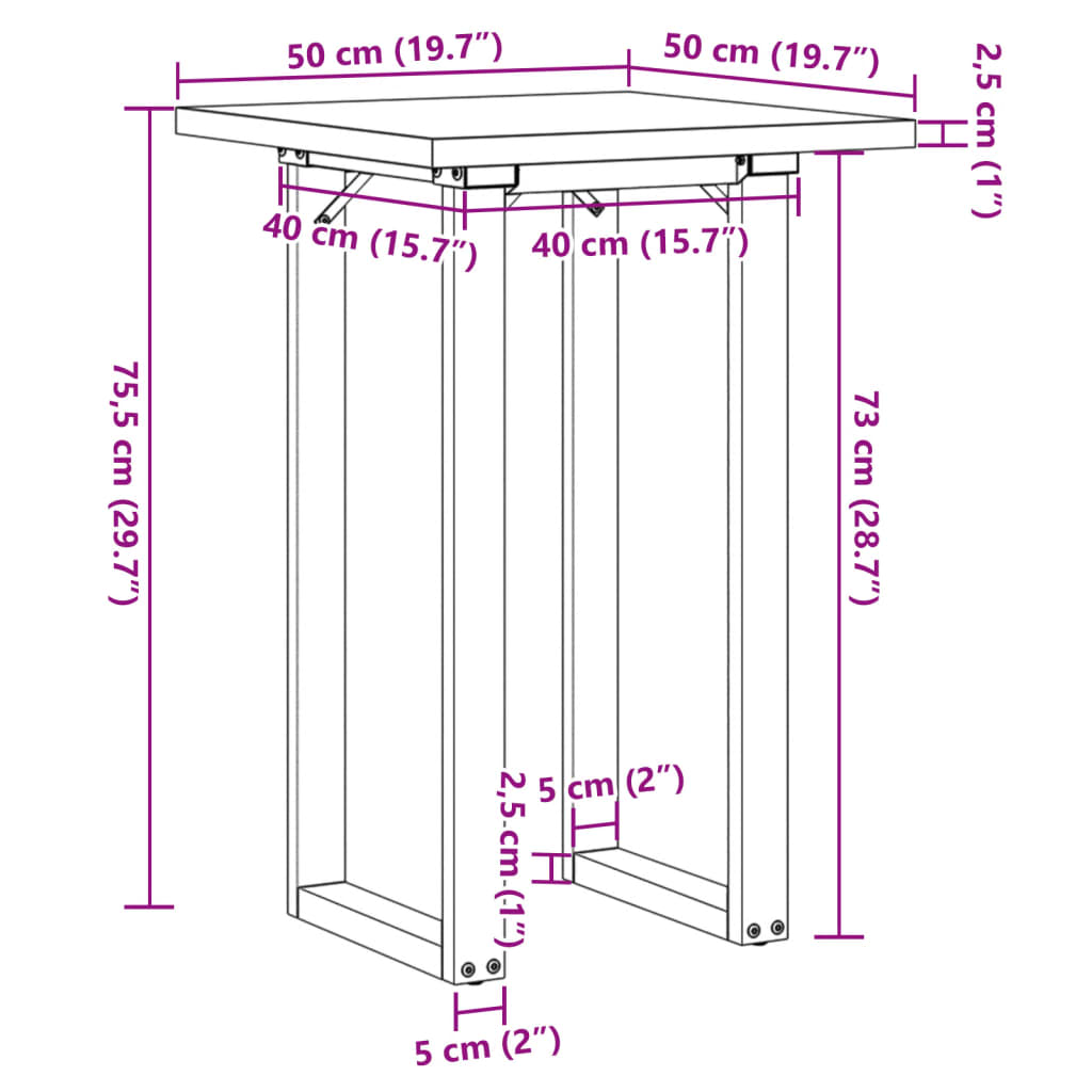 vidaXL Трапезна маса О-образна рамка 50x50x75,5 см бор масив и чугун