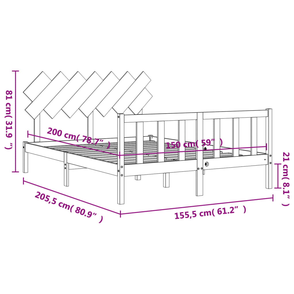 vidaXL Рамка за легло с табла сива 5FT King Size масивно дърво