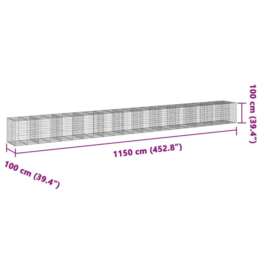 vidaXL Габионна кошница с капак, 1150x100x100 см, поцинковано желязо