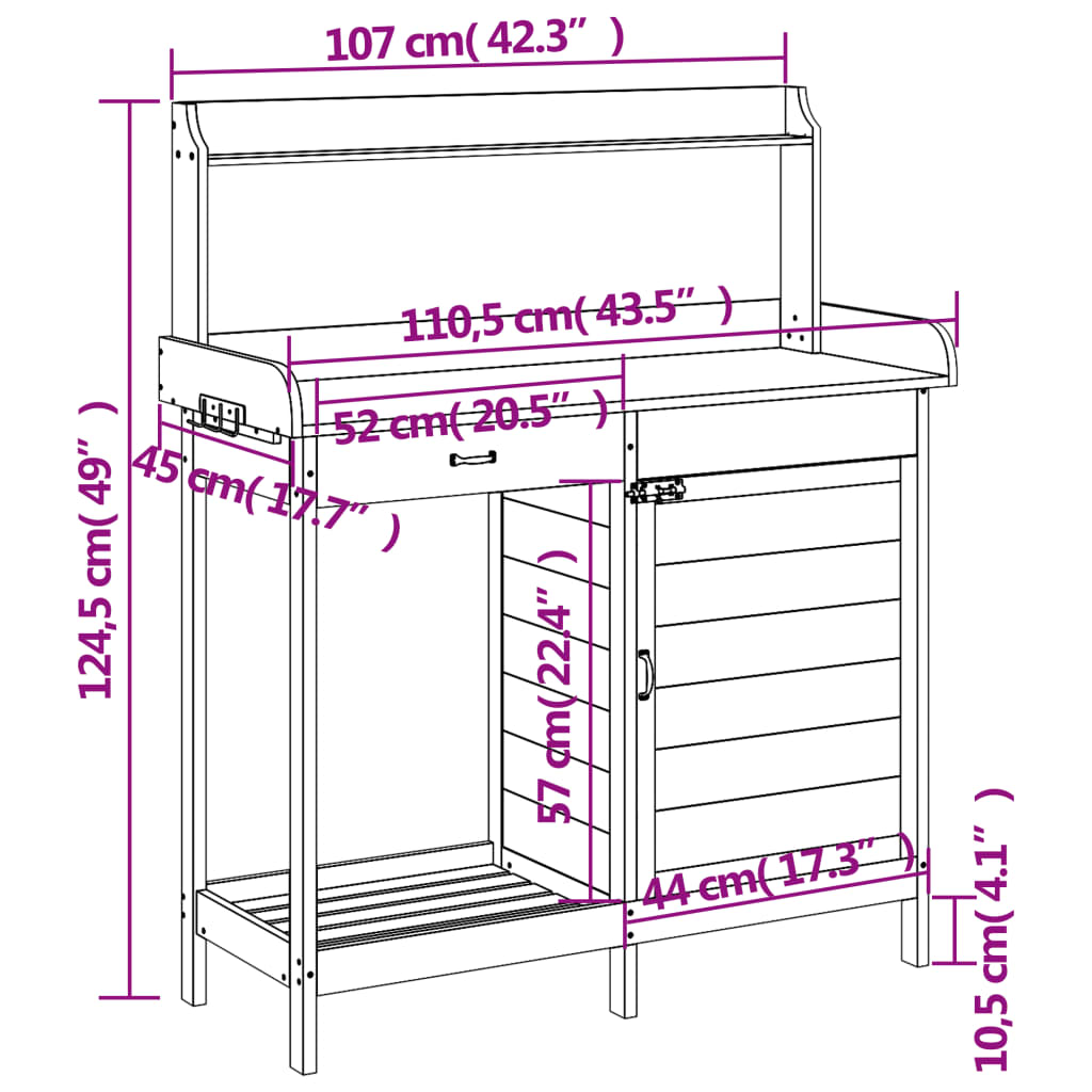 vidaXL Маса за разсаждане с шкаф 110,5x45x124,5 см масивна ела