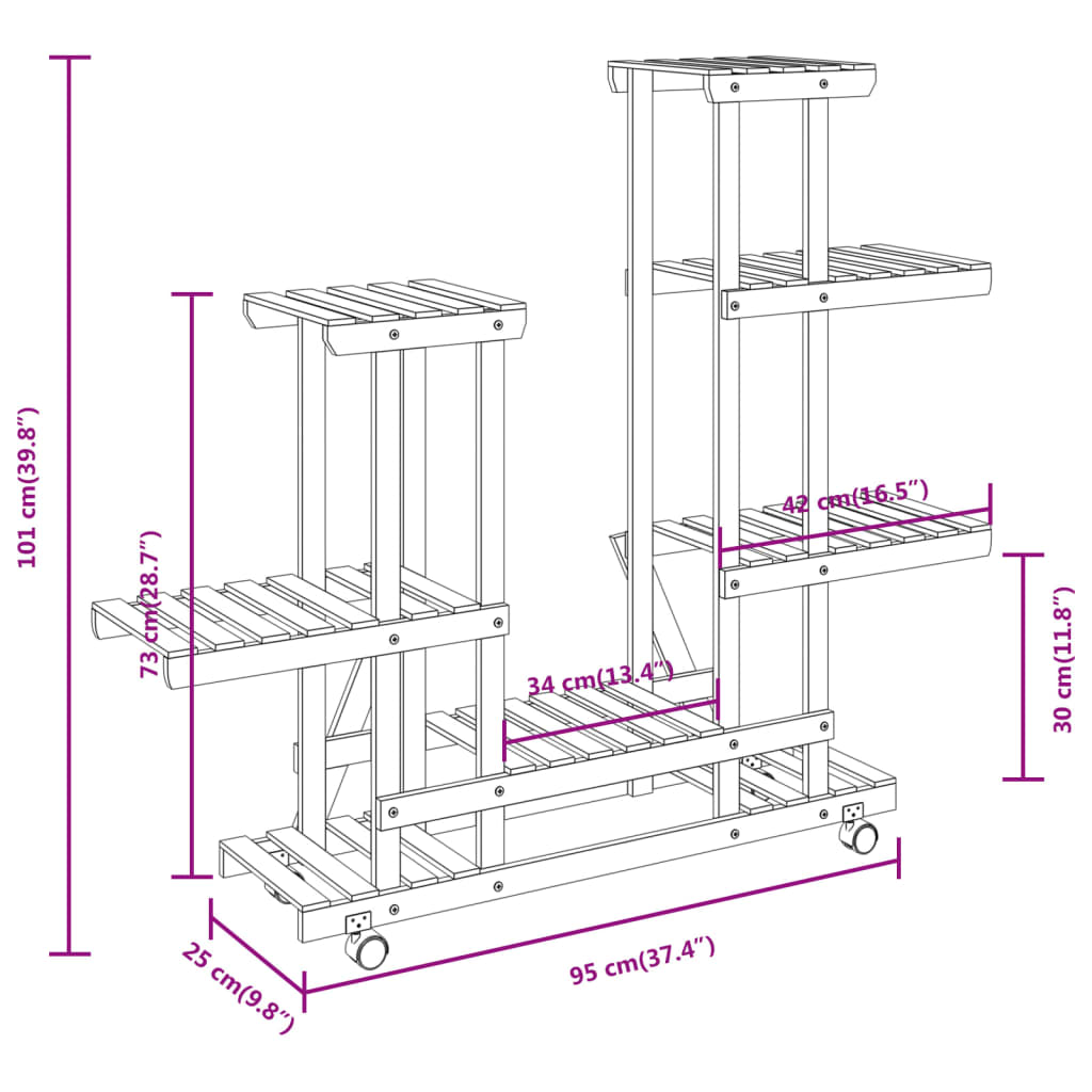 vidaXL Поставка за цветя с колелца, 95x25x101 см, масивна ела