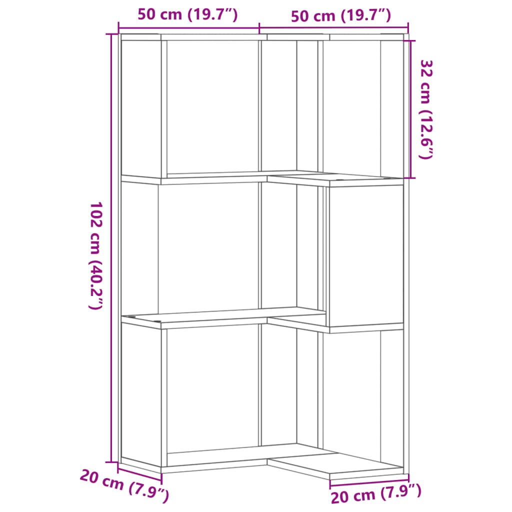 vidaXL Ъглова етажерка 3 нива сив сонома 50x50x102 см инженерно дърво