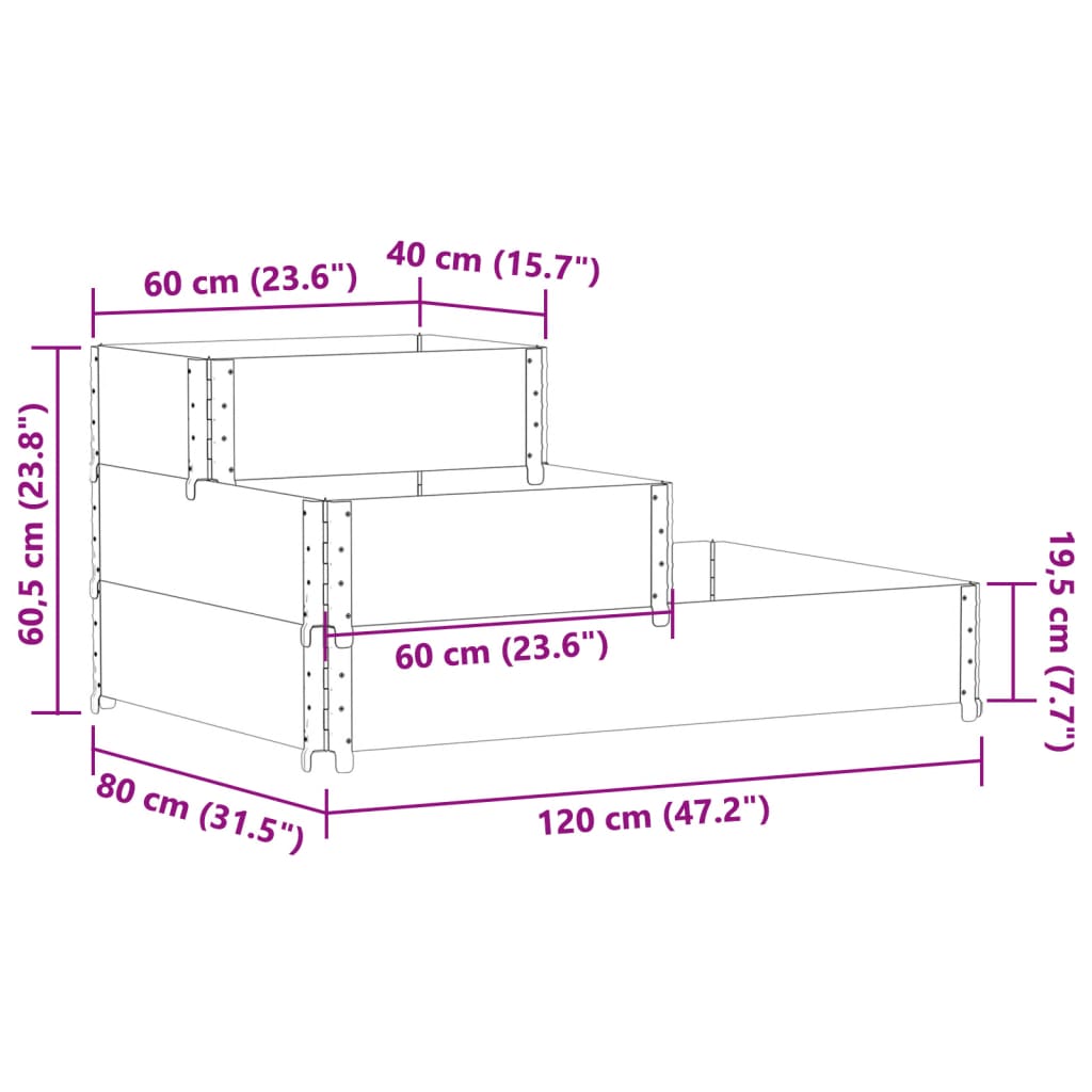 vidaXL 3-степенна повдигната леха, сива, 120x80 см, бор масив