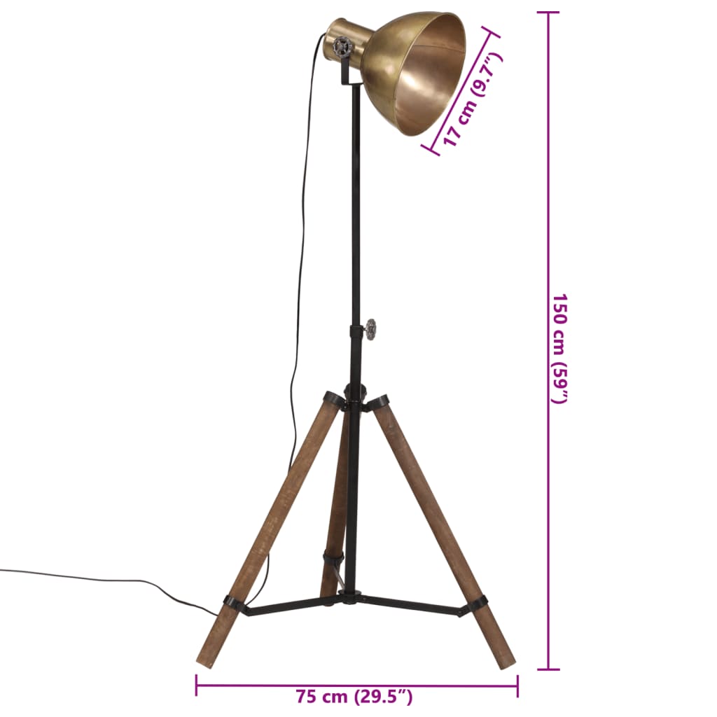 vidaXL Подова лампа, 25 W, античен месинг, 75x75x90-150 см, E27