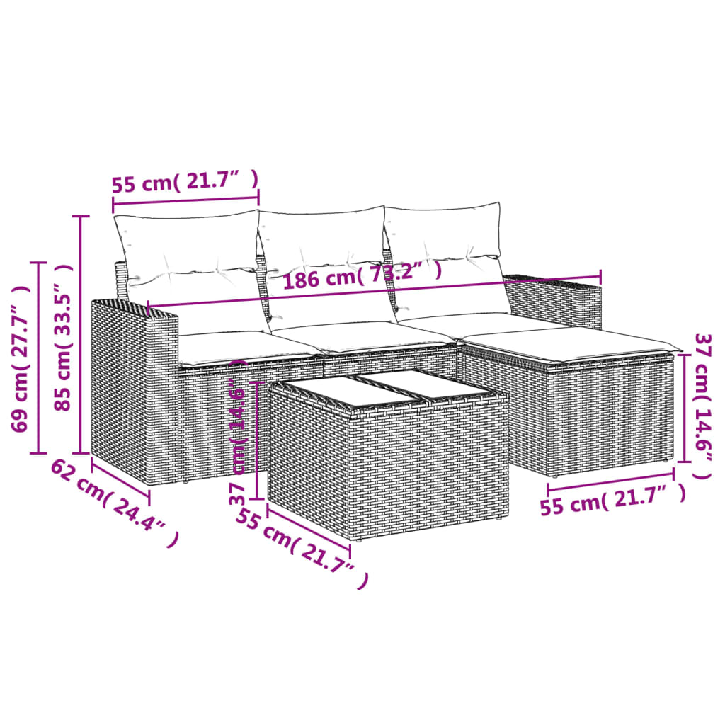 vidaXL Градински комплект с възглавници, 5 части, сив полиратан