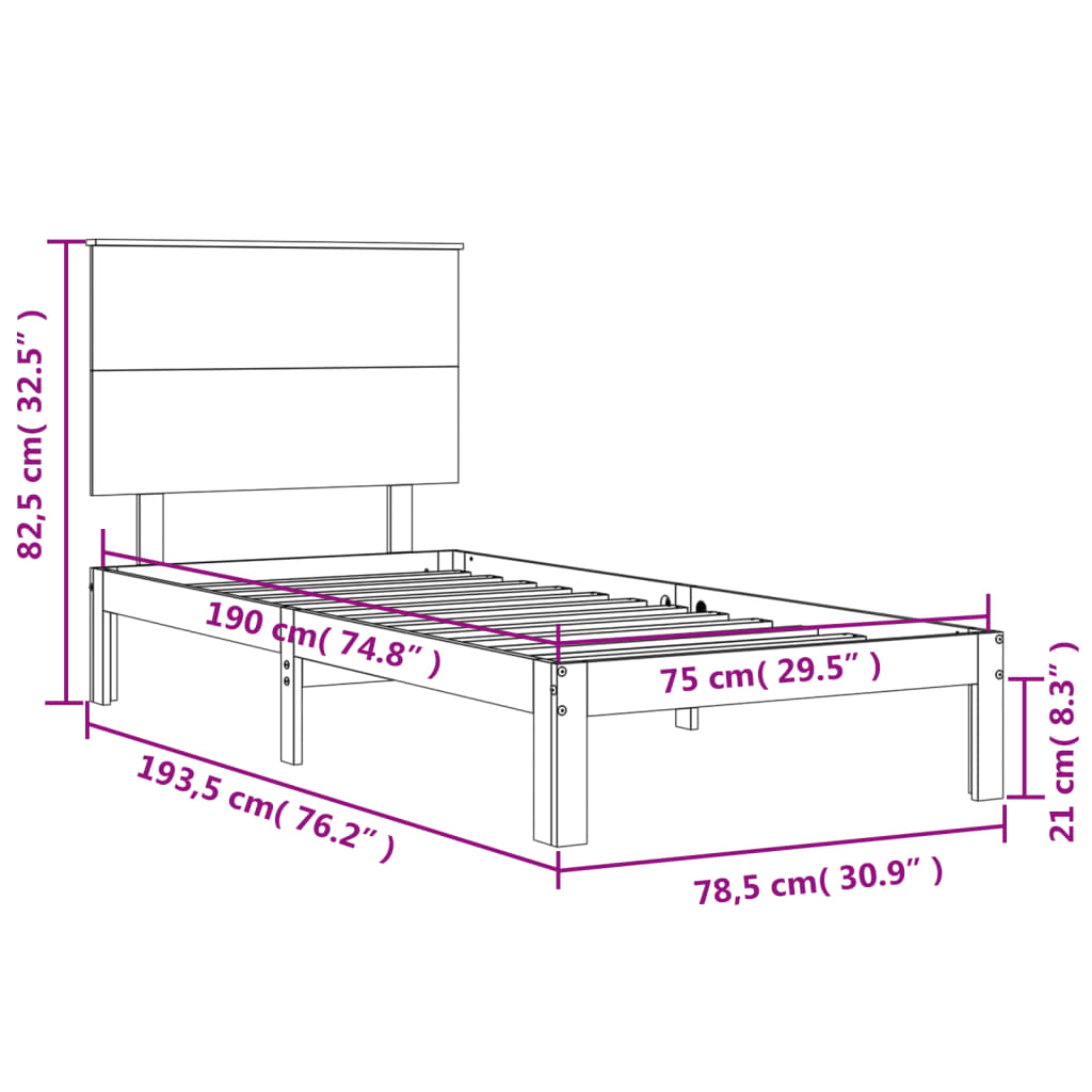 vidaXL Рамка за легло с табла бяла 2FT6 Small Single дърво масив