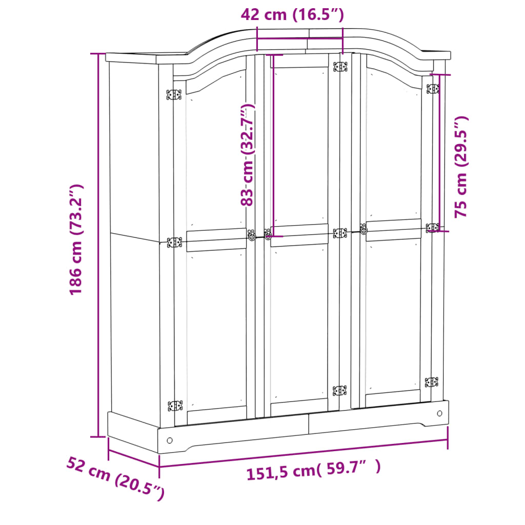 vidaXL Гардероб "Corona" бял 151,5x52x186 см бор масив