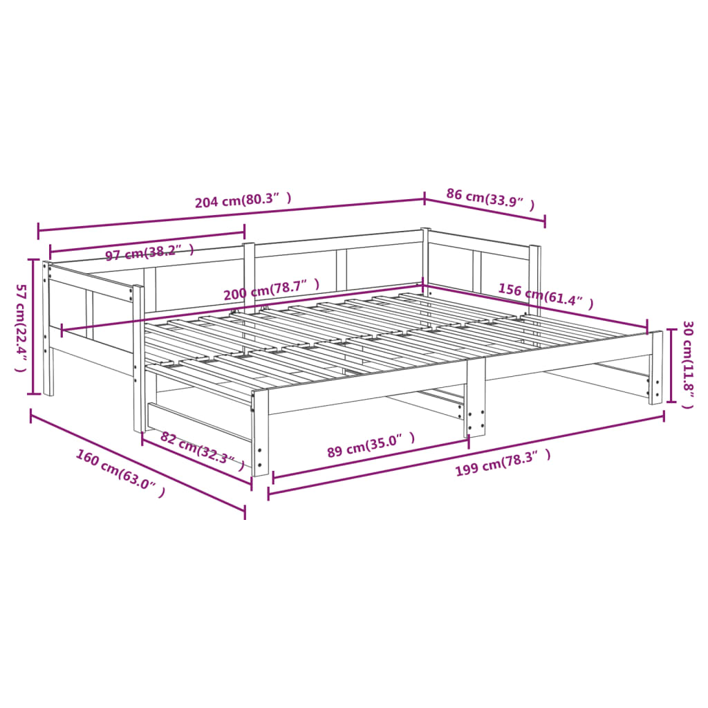 vidaXL Разтегателна кушетка, борово дърво масив, 2x(80x200) см