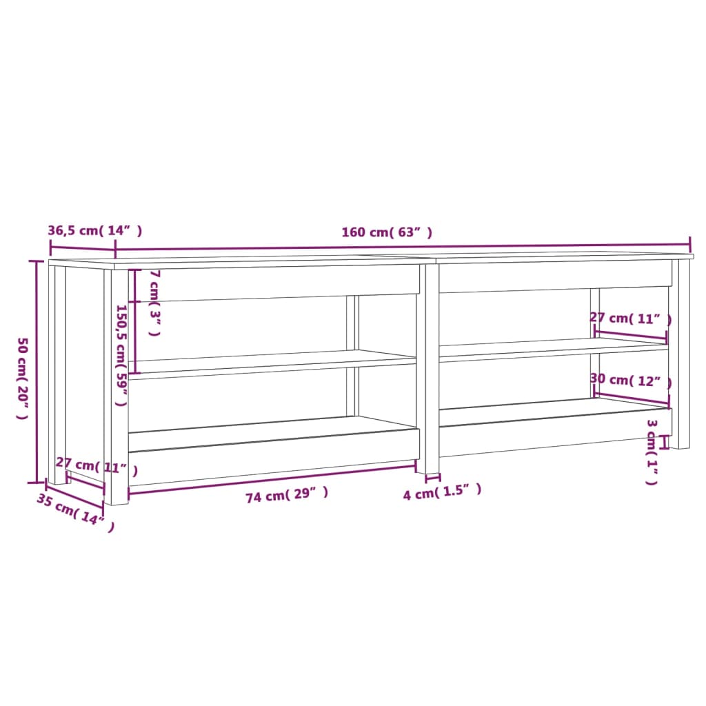 vidaXL Пейка за обувки бяла 160x36,5x50 см масивна борова дървесина