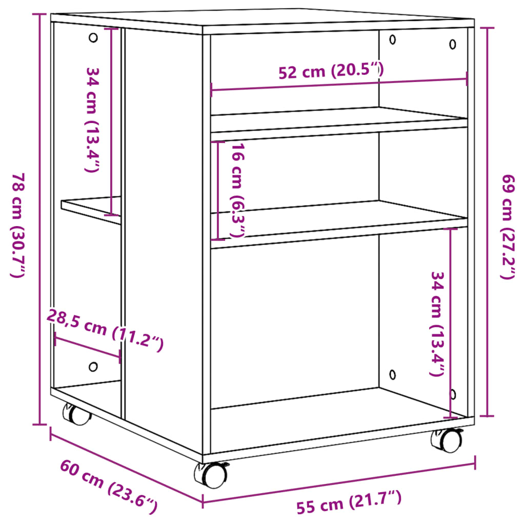 vidaXL Странична маса с колела кафяв дъб 55x60x78 см инженерно дърво