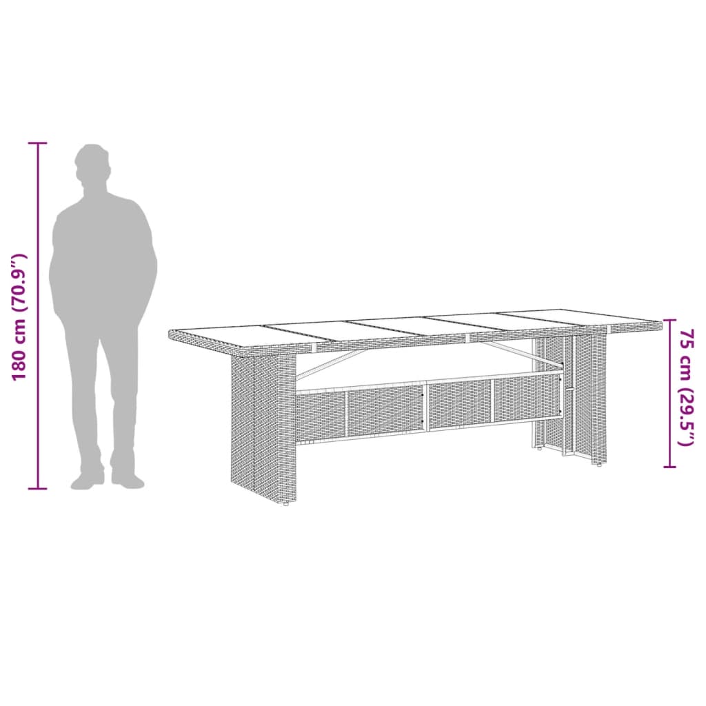 vidaXL Градинска маса със стъклен плот черен 240x90x75 см полиратан