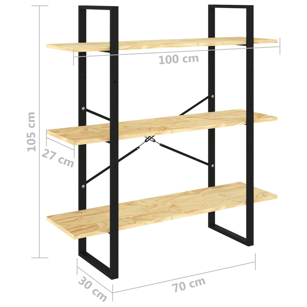 vidaXL 3-етажна библиотека, 100x30x105 см, борово дърво масив