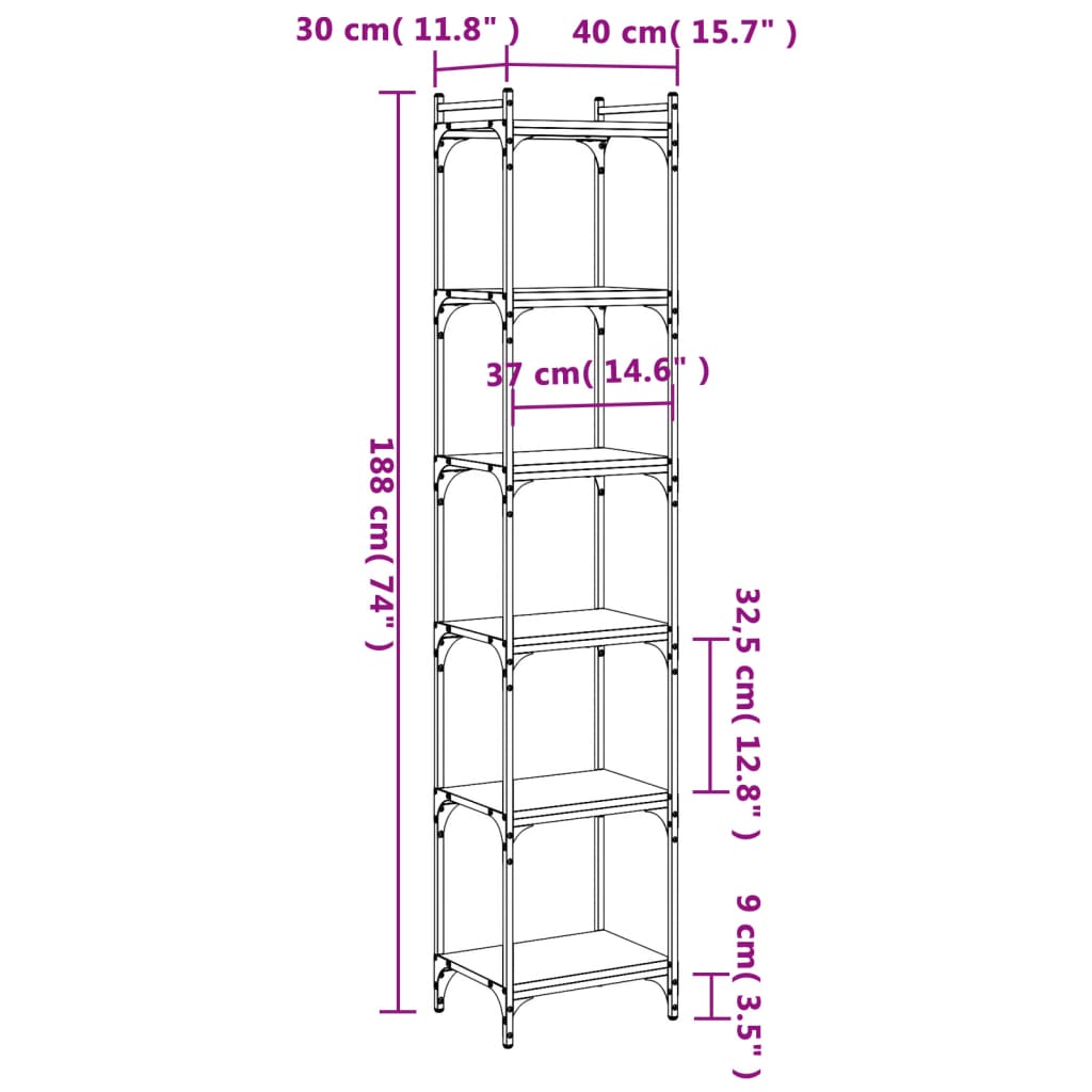 vidaXL Библиотека 6 рафта сив сонома 40x30x188 см инженерно дърво