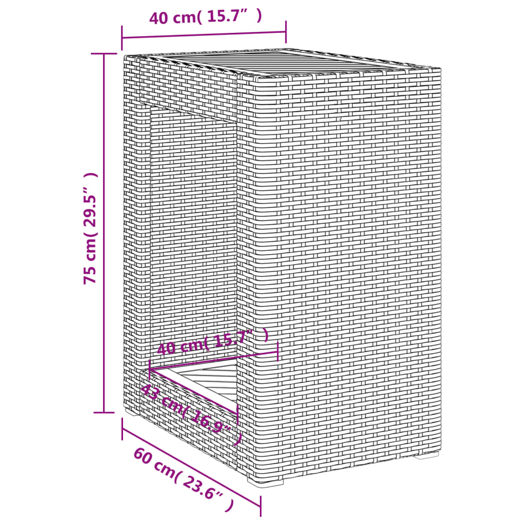 vidaXL Градинска маса с дървен плот сива 60x40x75 см полиратан