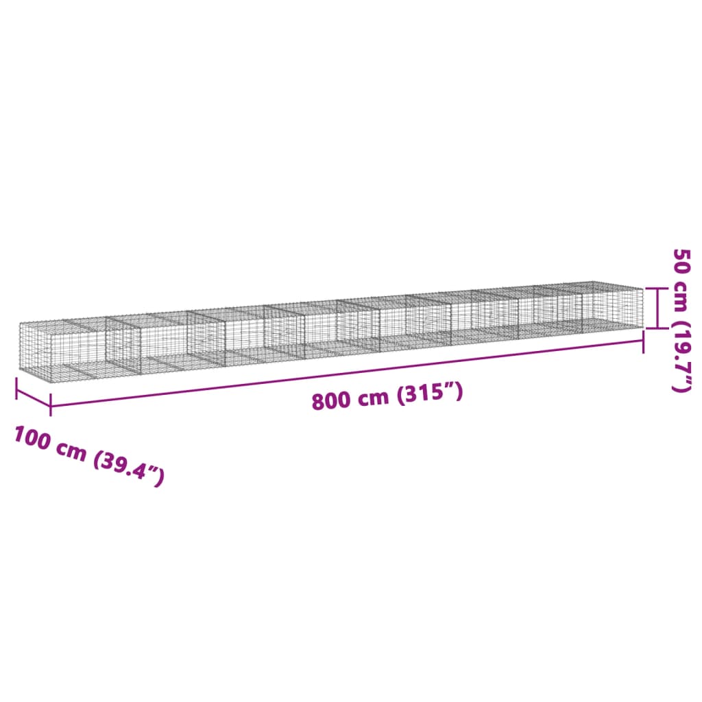 vidaXL Габионна кошница с покритие, 800x100x50 см, поцинковано желязо