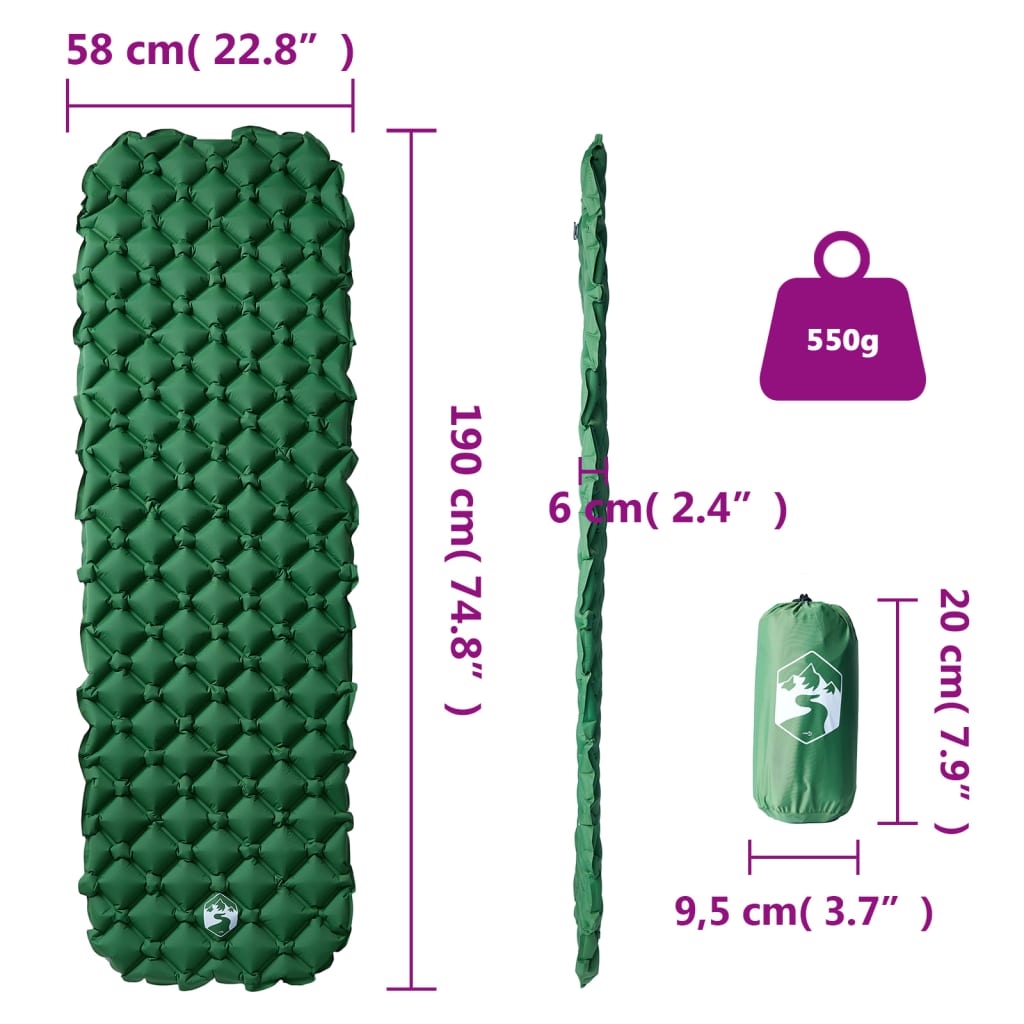 vidaXL Надуваем дюшек за къмпинг за 1 човек зелен 190x58х6 см