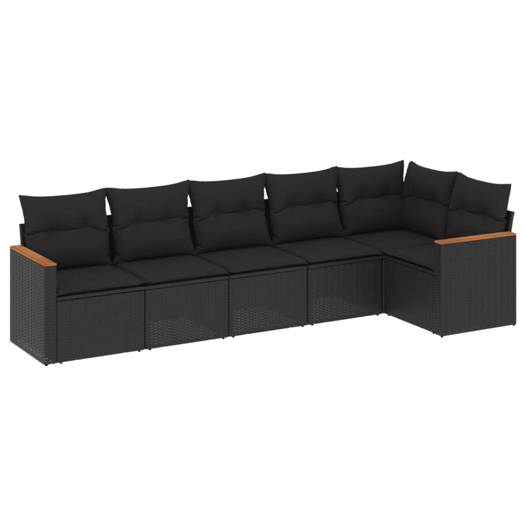 vidaXL Градински диван с възглавници, 6 части, черен, полиратан