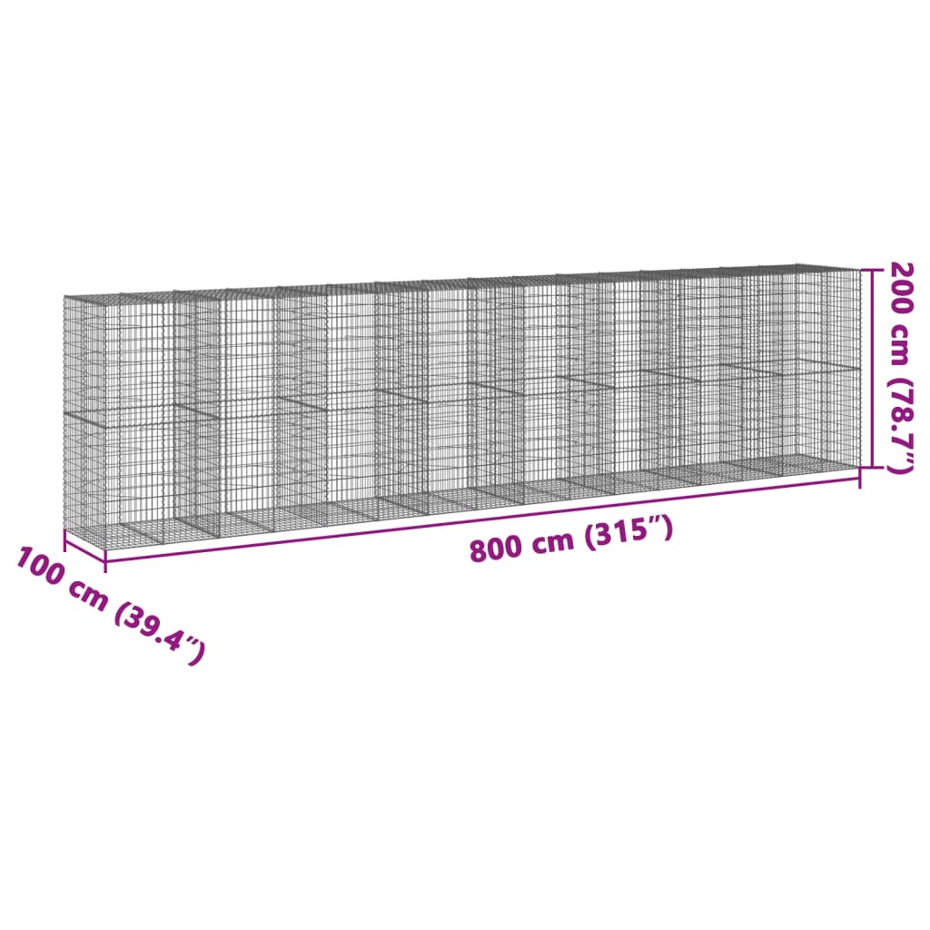 vidaXL Габионна кошница с покритие, 800x100x200 см, поцинковано желязо