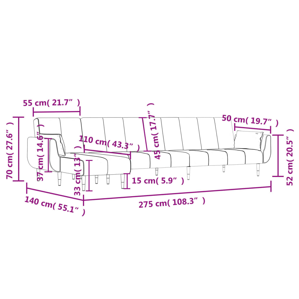 vidaXL Г-образно разтегателно канапе тъмносиво 275x140x70 см кадифе