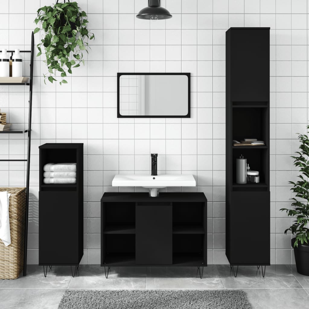 vidaXL Шкаф за баня, черен, 30x30x100 см, инженерно дърво