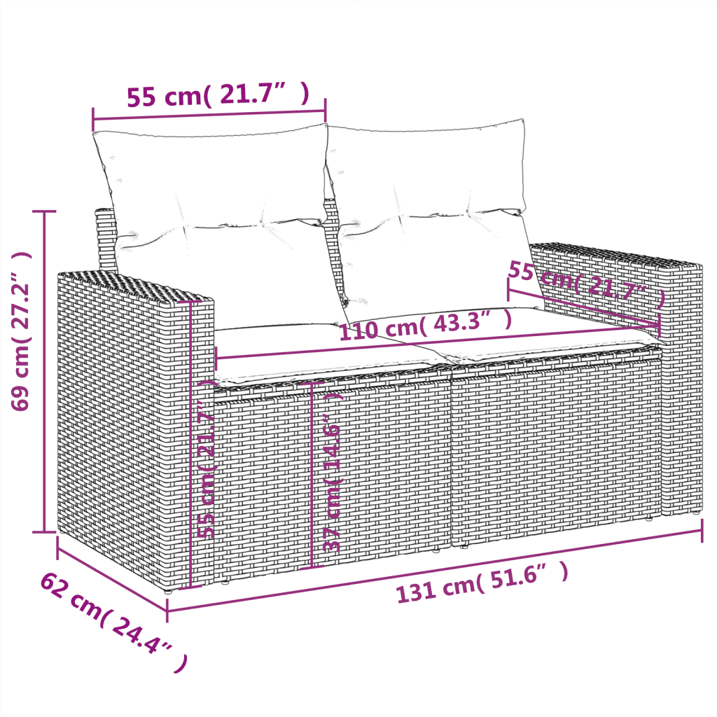 vidaXL Градински комплект с възглавници, 4 части, кафяв, полиратан