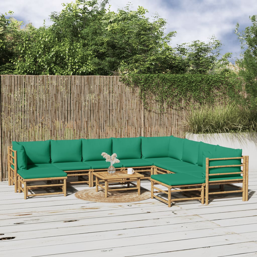 vidaXL Градински лаундж комплект, 11 части, зелени възглавници, бамбук