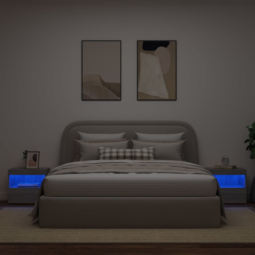 vidaXL Нощни шкафчета с LED осветление, 2 бр, сив сонома, 50x40x45 см