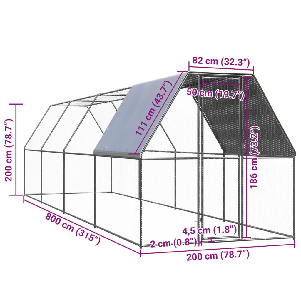 vidaXL Птичарник на открито, 2x8x2 м, поцинкована стомана