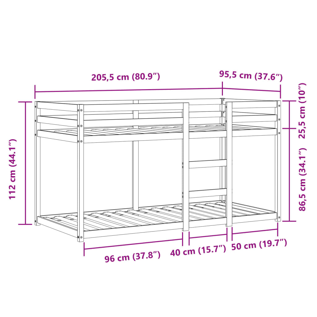 vidaXL Двуетажно легло със завеси, бяло и черно, 90x200 см, бор масив